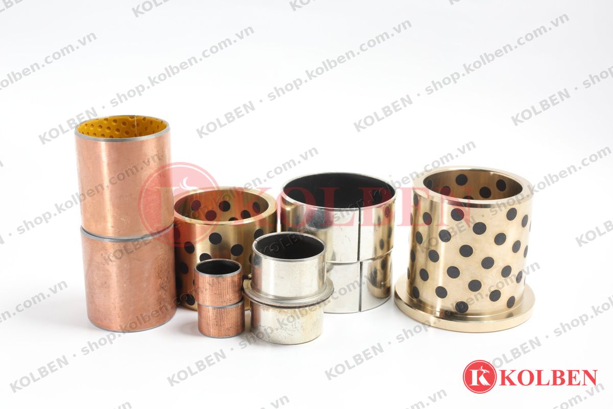 Các loại bạc tự bôi trơn: bạc lưng đồng lớp POM, bạc đồng cấy graphite, bạc lưng thép PTFE, bạc có vai