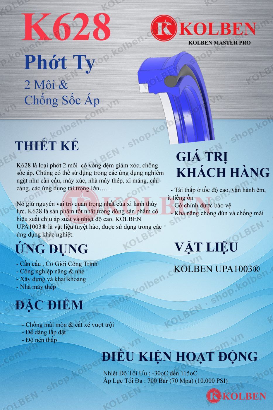 Catalog phớt ty K628 KOLBEN Master Pro tiếng Việt: 2 môi và chống sốc áp, vật liệu UPA1003, chịu áp 700 bar