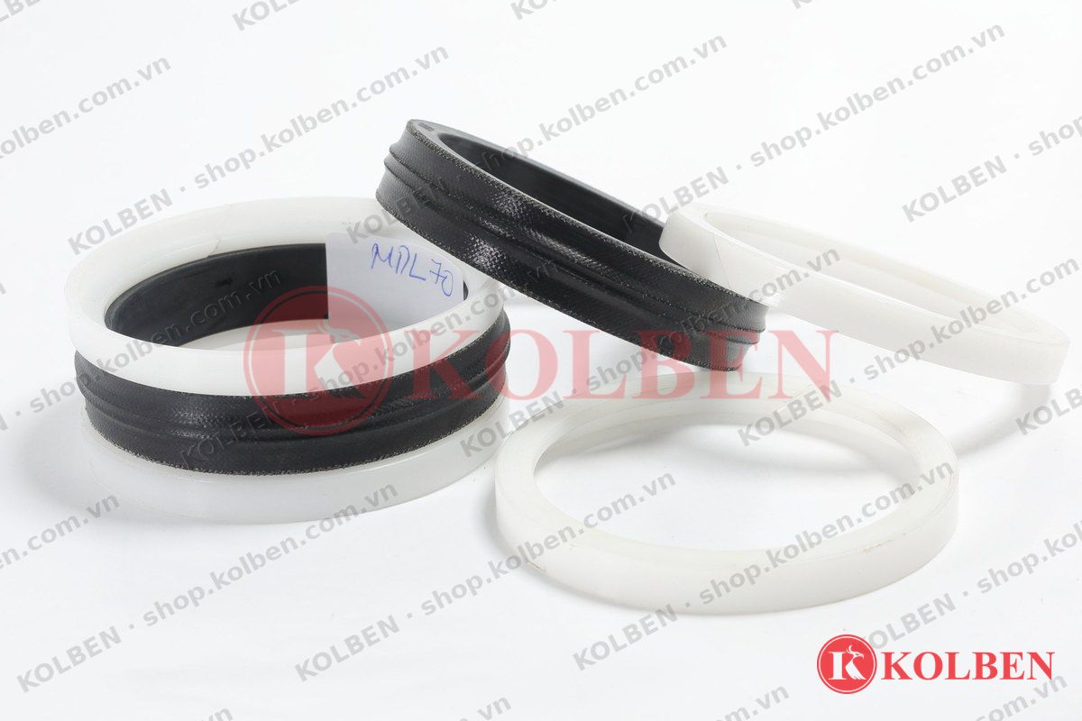 Chi tiết bộ phớt piston MDL tháo rời: vòng làm kín gia cường vải và vòng dẫn hướng POM có vết cắt